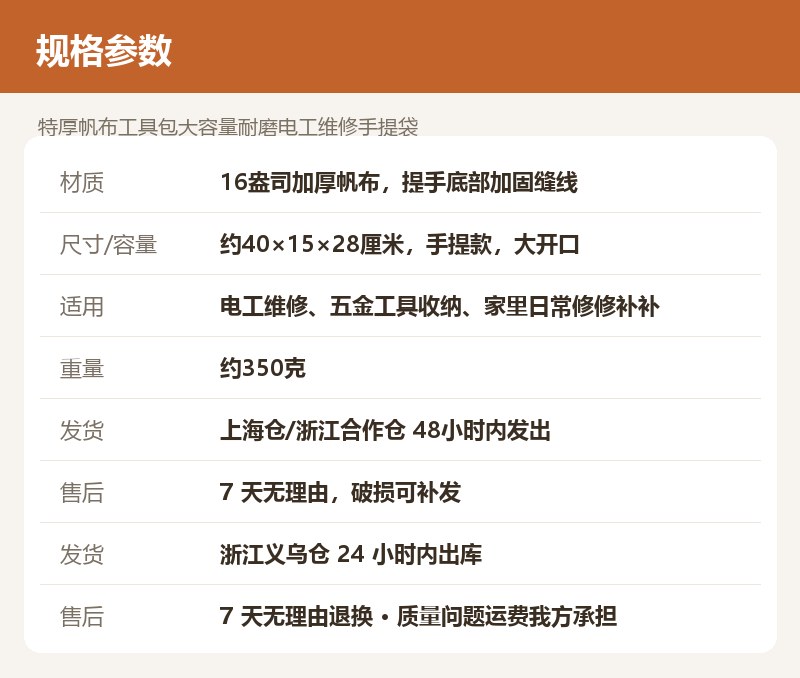 特厚帆布工具包大容量耐磨电工维修手提袋 详情图